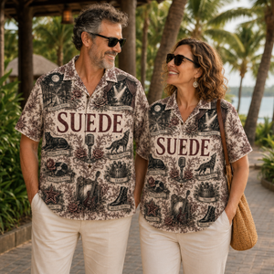Suede Hawaiian Shirt - Unisex Vintage Toile De Jouy Beautiful Ones Button Up