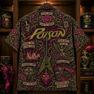 Poison Hawaiian Shirt - Glam Metal Rock Band Button Up Shirt with Every Rose Has Its Thorn, Talk Dirty and Unskinny Bop Art