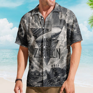 Led Zeppelin Hawaiian Shirt - Unisex Retro Airship Charcoal Sketch Landscape Button Up