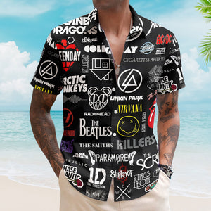 Vintage Rock Legends Logos Hawaiian Shirt - Unisex White Tech Graphic Black Summer Shirt