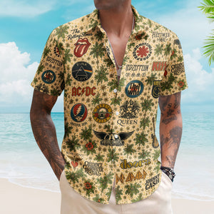 Classic Rock Band Logos Hawaiian Shirt - Unisex Cream Floral Rock Legends Collage Resort Wear