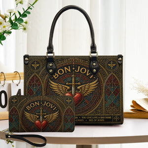 Bon Jovi Handbag, Tote Bag and Wallet Set, Stained Glass Heart and Dagger Design, Classic Rock Music Fan Gift