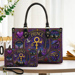 Prince Leather Handbag, Tote Bag and Wallet Set, Purple Stained Glass Symbol Design, Purple Rain Music Fan Gift