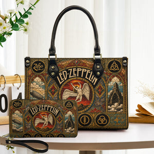 Led Zeppelin Leather Handbag, Tote Bag and Wallet Set, Vintage Stained Glass Swan Song Design, Classic Rock Music Fan Gift