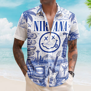 Nirvana Toile De Jouy Hawaiian Shirt - Unisex Vintage Smells Like Teen Spirit Blue Line Art Summer Button Up