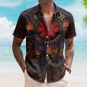 Red Hot Chili Peppers Gothic Stained Glass Hawaiian Shirt - Unisex Retro Californication Star Logo Button Up