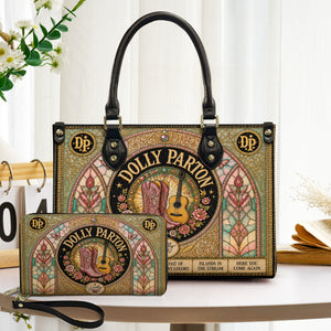 Dolly Parton Leather Handbag, Tote Bag and Wallet Set, Vintage Stained Glass Country Music Design, Cowgirl Boots Fan Gift