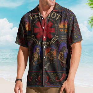 Red Hot Chili Peppers Gothic Stained Glass Hawaiian Shirt - Unisex Retro Californication Star Logo Button Up
