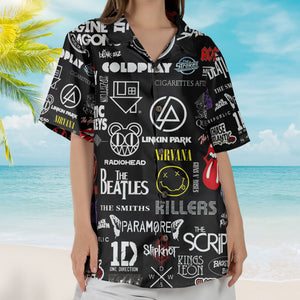 Vintage Rock Legends Logos Hawaiian Shirt - Unisex White Tech Graphic Black Summer Shirt