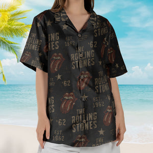 The Rolling Stones Hawaiian Shirt - Unisex Classic Rock Tongue Logo Black Button Up