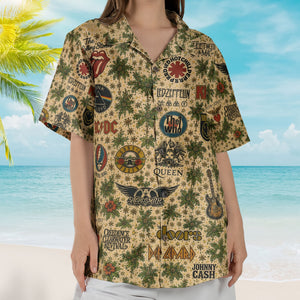 Classic Rock Band Logos Hawaiian Shirt - Unisex Cream Floral Rock Legends Collage Resort Wear