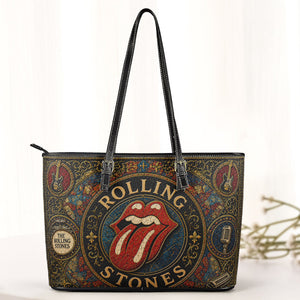 The Rolling Stones Leather Handbag, Tote Bag and Wallet Set, Vintage Stained Glass Tongue Logo Design, Classic Rock Fan Gift