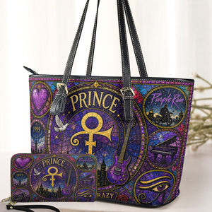 Prince Leather Handbag, Tote Bag and Wallet Set, Purple Stained Glass Symbol Design, Purple Rain Music Fan Gift