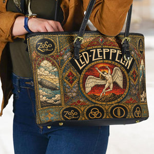 Led Zeppelin Leather Handbag, Tote Bag and Wallet Set, Vintage Stained Glass Swan Song Design, Classic Rock Music Fan Gift