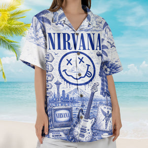 Nirvana Toile De Jouy Hawaiian Shirt - Unisex Vintage Smells Like Teen Spirit Blue Line Art Summer Button Up