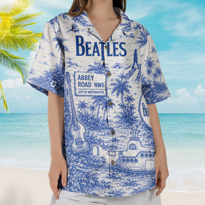 The Beatles Toile De Jouy Hawaiian Shirt - Unisex Vintage Abbey Road Submarine Blue Line Art Summer Button Up
