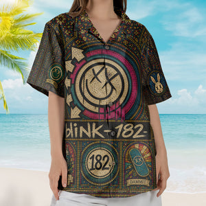 Blink-182 Hawaiian Shirt - Unisex Retro Smiley Face Cathedral Window Button Up
