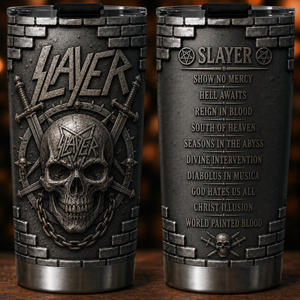 Slayer Reign in Blood Insulated Tumbler 3D Embossed Skull & Swords Travel Cup
