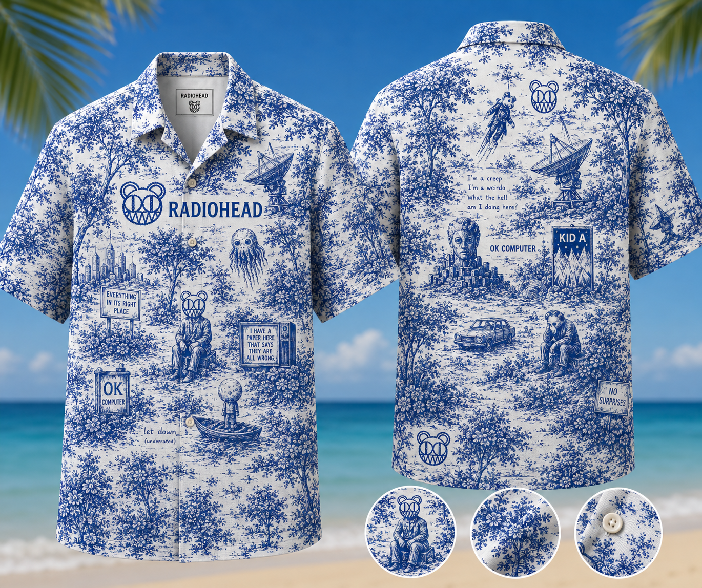 Radiohead Hawaiian Shirt - Unisex Modified Bear Blue White Porcelain Button Up