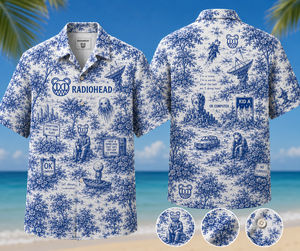 Radiohead Hawaiian Shirt - Unisex Modified Bear Blue White Porcelain Button Up