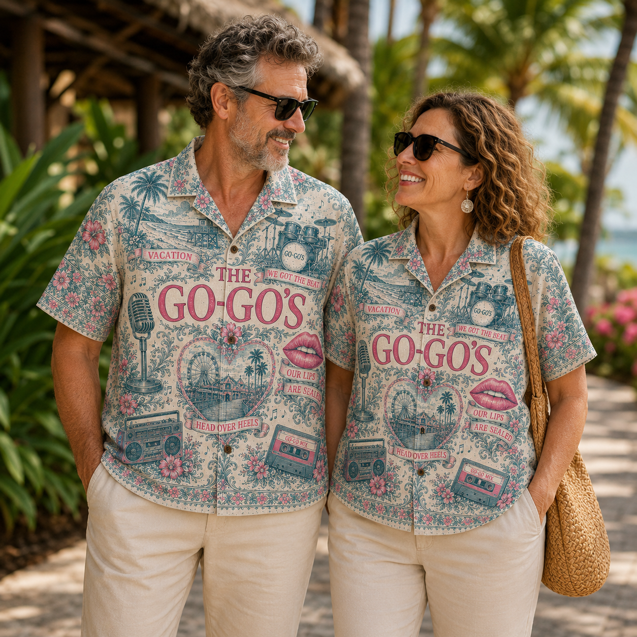 The Go-Go’s Hawaiian Shirt - Retro 80s Pop Rock Button Up Shirt with Vacation, We Got the Beat and Our Lips Are Sealed Art