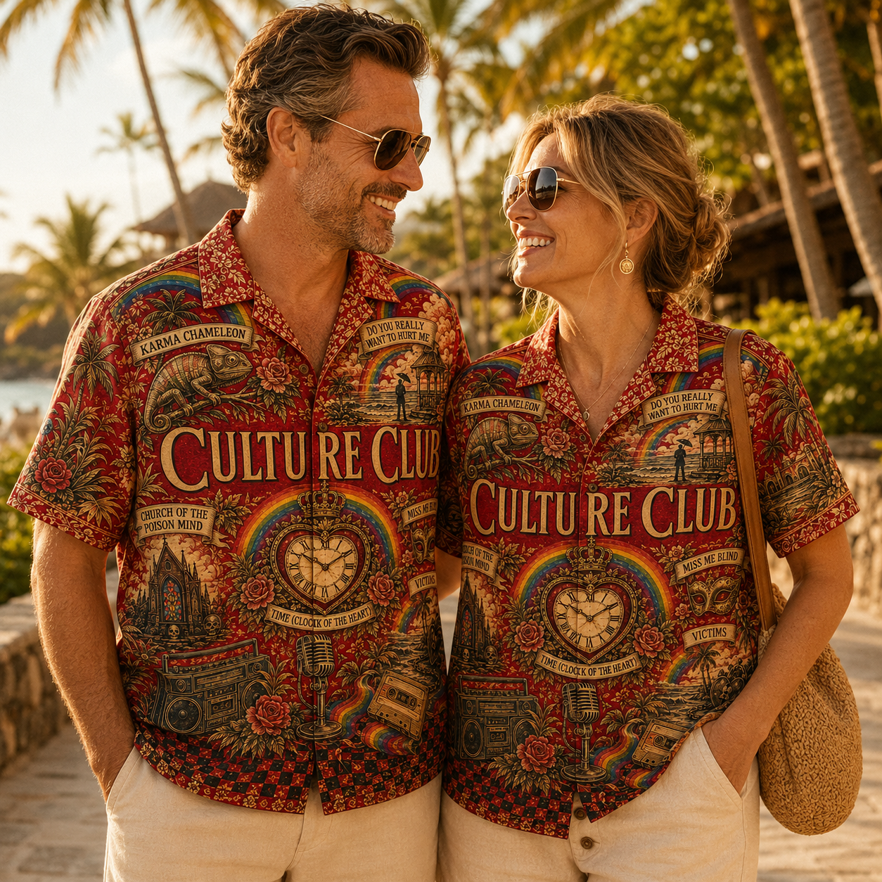 Culture Club Hawaiian Shirt - Retro 80s New Wave AOP Button Up Shirt with Karma Chameleon and Time Clock of the Heart Art