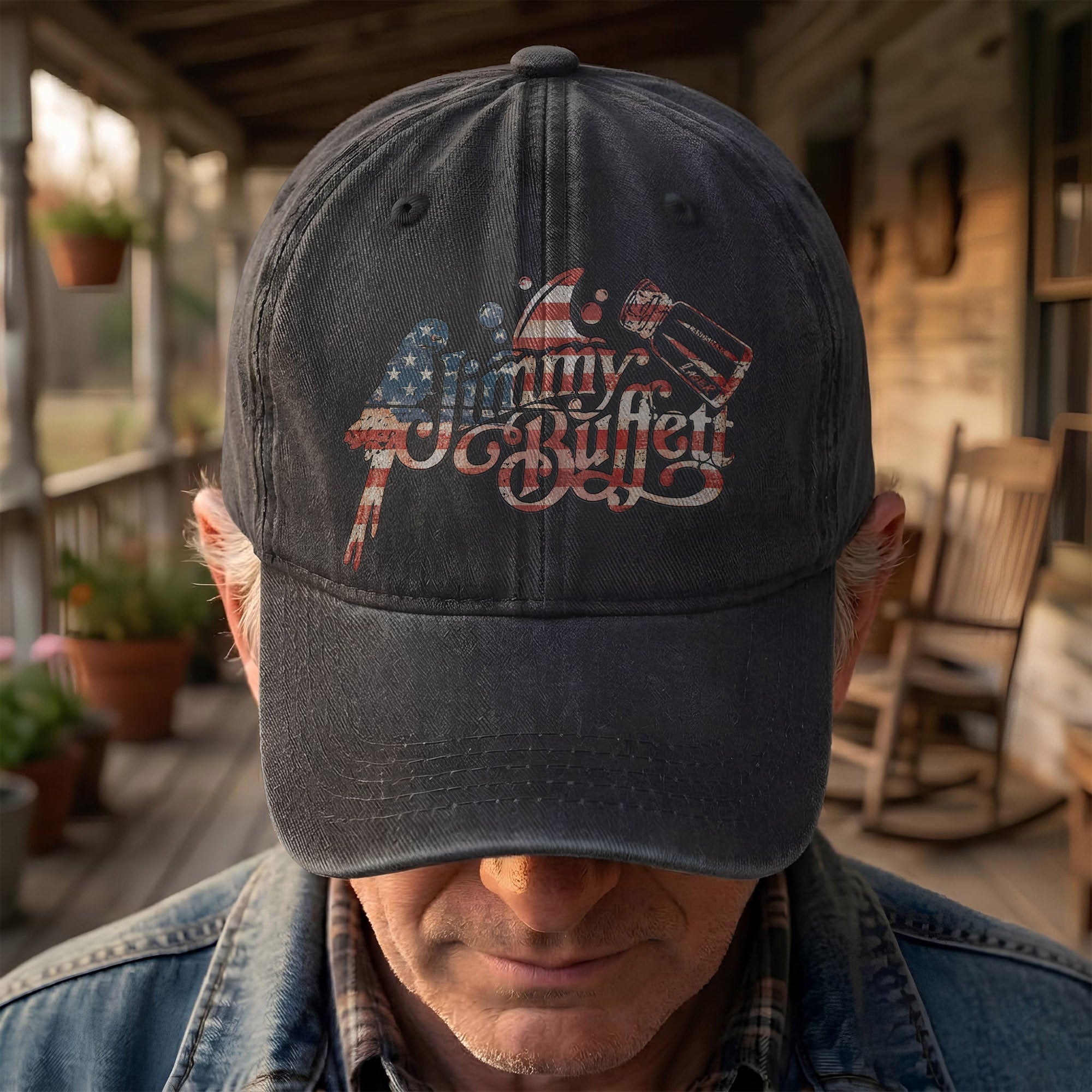 Jimmy Buffett Margaritaville Patriotic American Flag Parrot Music Merch Denim Cap Retro Vintage Dad Cap Gift For Dad (With Box)