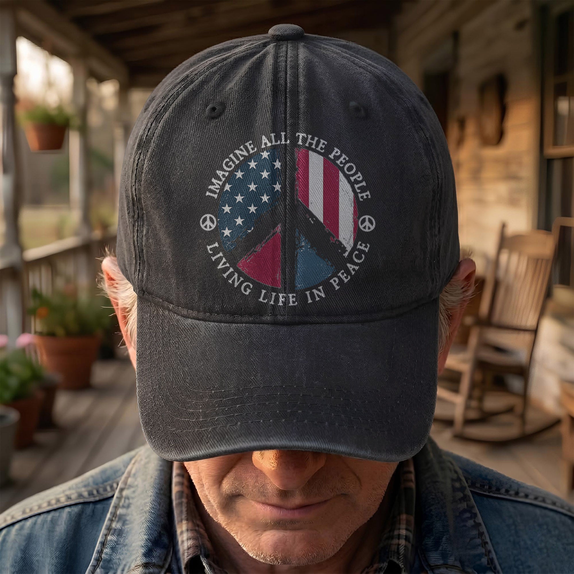 John Lennon Imagine All The People Living Life In Peace Sign American Flag Denim Cap Retro Vintage Dad Cap Gift For Dad (With Box)