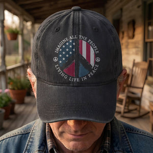 John Lennon Imagine All The People Living Life In Peace Sign American Flag Denim Cap Retro Vintage Dad Cap Gift For Dad (With Box)