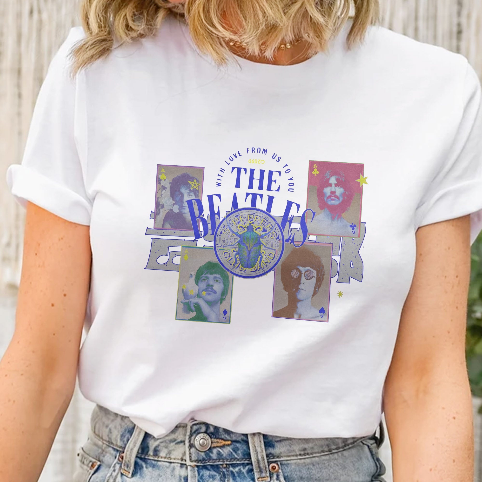The Beatles Vintage Collage T-Shirt With Love From Us To You Retro Band Tee