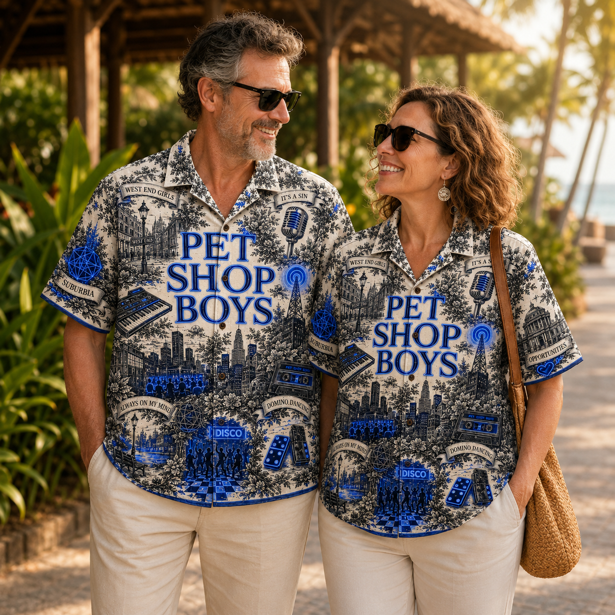 Pet Shop Boys Hawaiian Shirt - Synth Pop Band Button Up Shirt with West End Girls, It’s a Sin and Domino Dancing Art