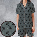 Black Cat and Raven Pattern Satin Short-Sleeve Pajamas Set