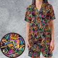 Multi Monster Pop Badges Satin Short-Sleeve Pajamas Set