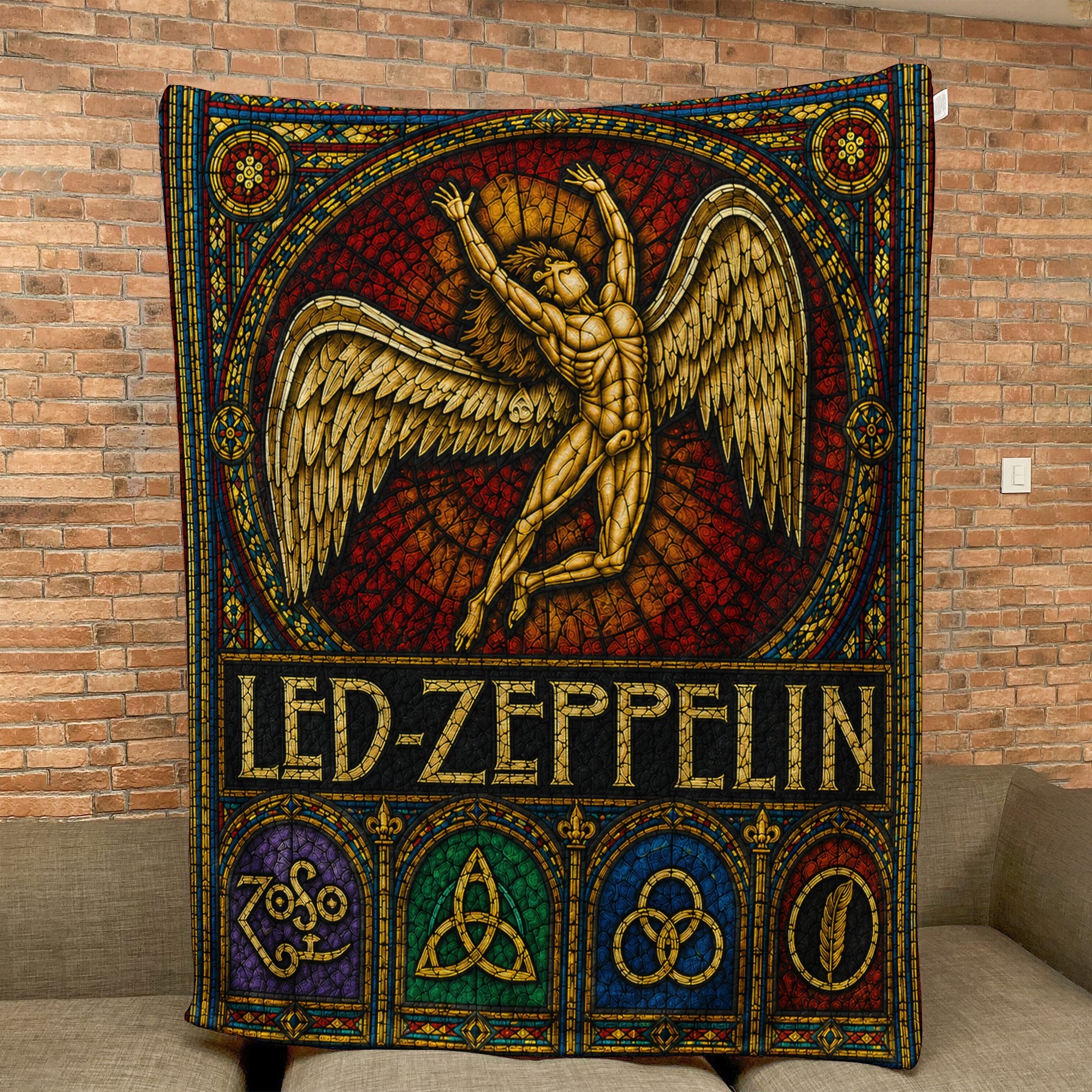 Led Zeppelin Sherpa Blanket Icarus Swan Song Stained Glass Rock Icon Throw Blanket