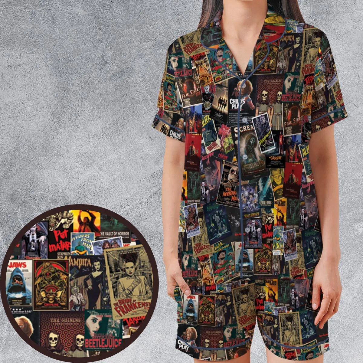 Vintage Horror Pattern Satin Short-Sleeve Pajamas Set