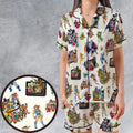 80s Famous Cartoon Characters Pattern Satin Short-Sleeve Pajamas Set