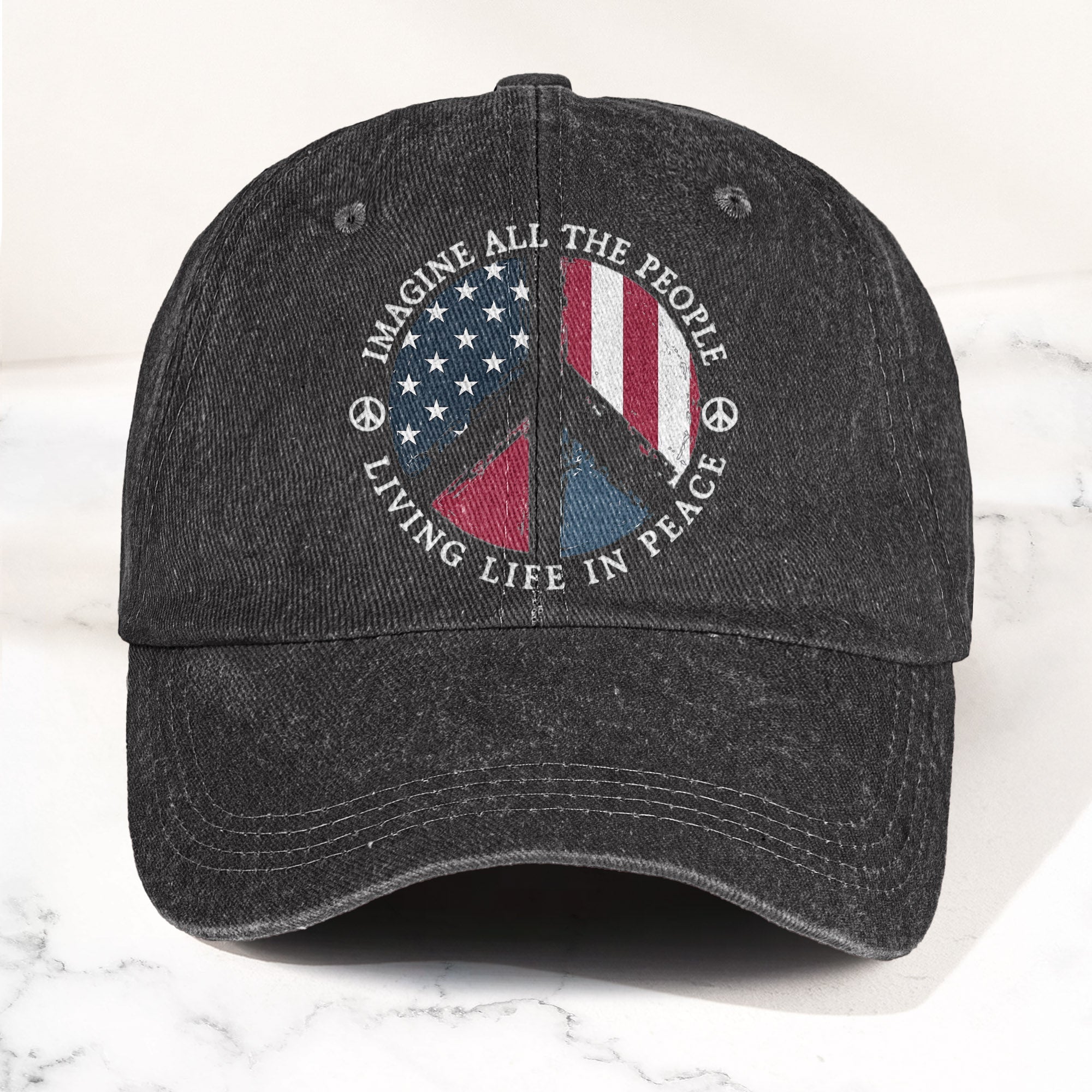 John Lennon Imagine All The People Living Life In Peace Sign American Flag Denim Cap Retro Vintage Dad Cap Gift For Dad (With Box)
