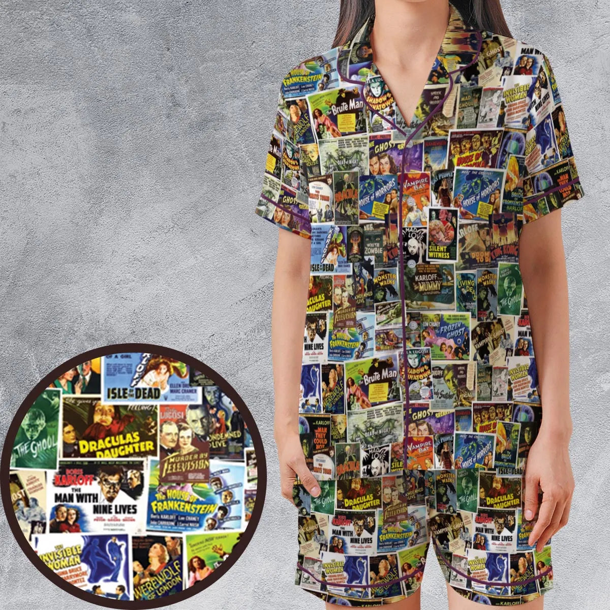Vintage Horror Movies Satin Short-Sleeve Pajamas Set