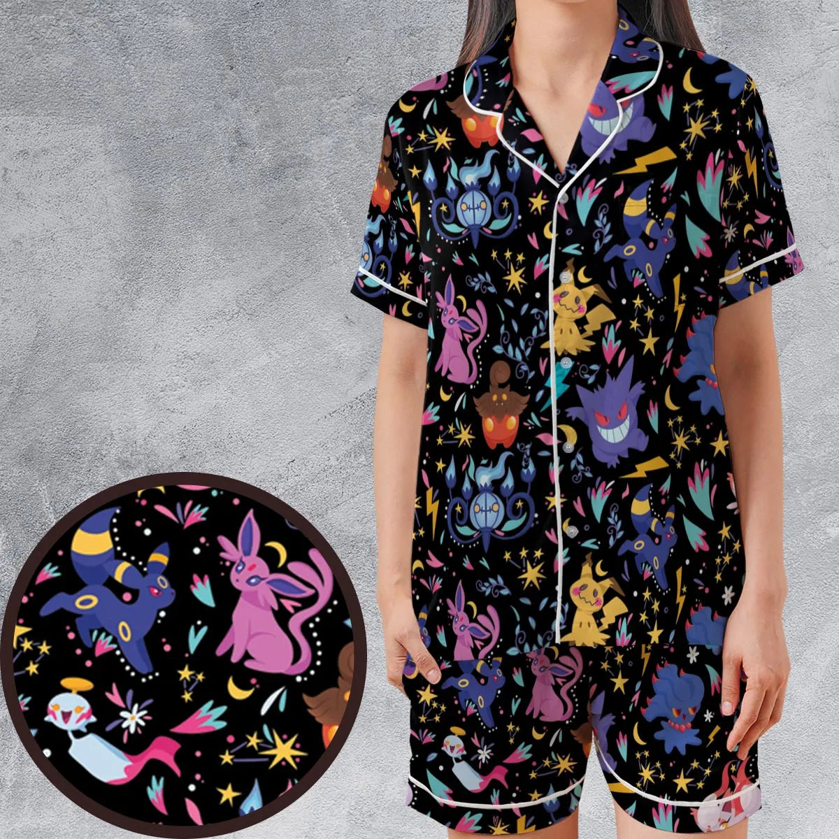 Ghost Buddies Cottagecore Pokemon Patterns Satin Short-Sleeve Pajamas Set