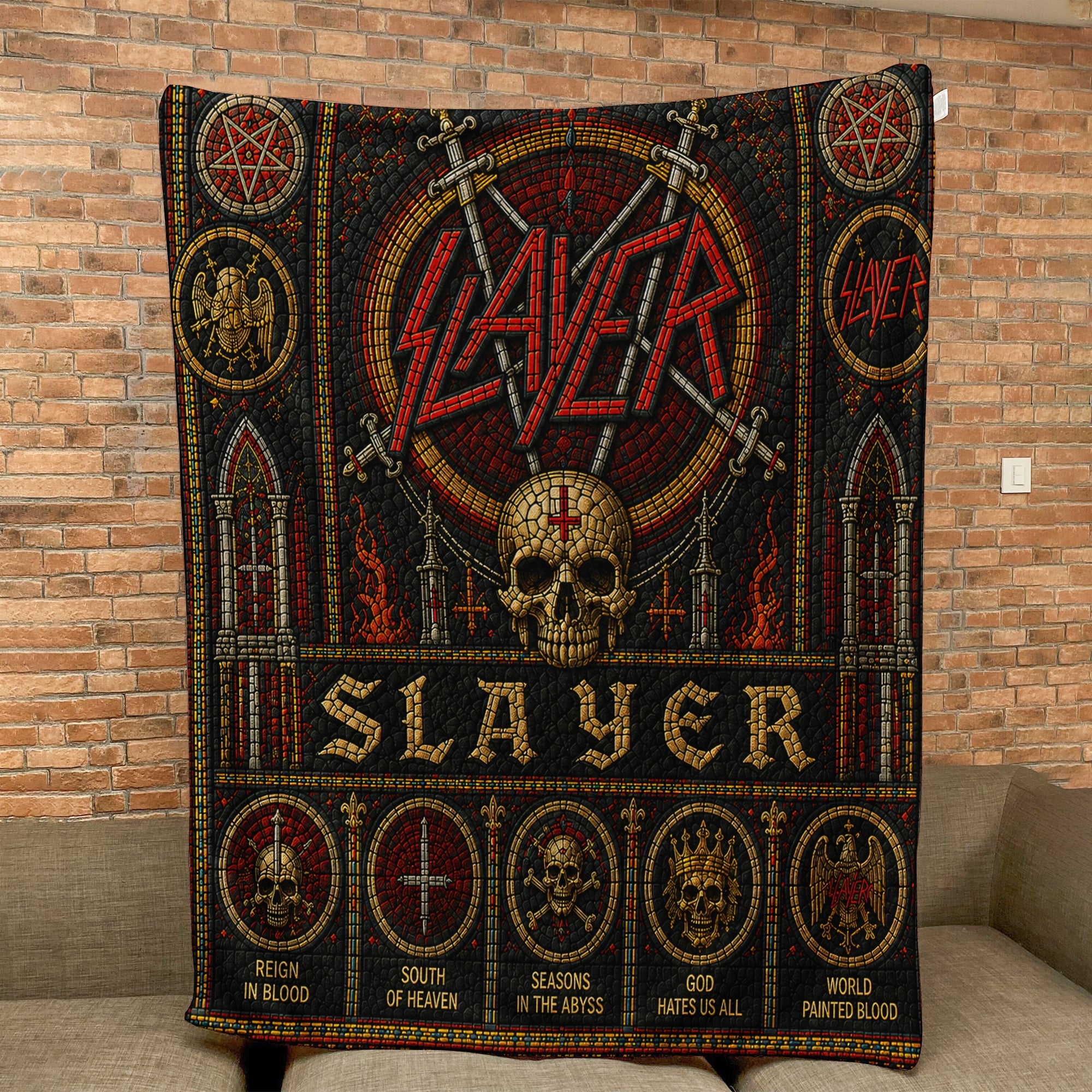 Slayer Sherpa Blanket Eagle Swords Skull Stained Glass Thrash Metal Throw Blanket