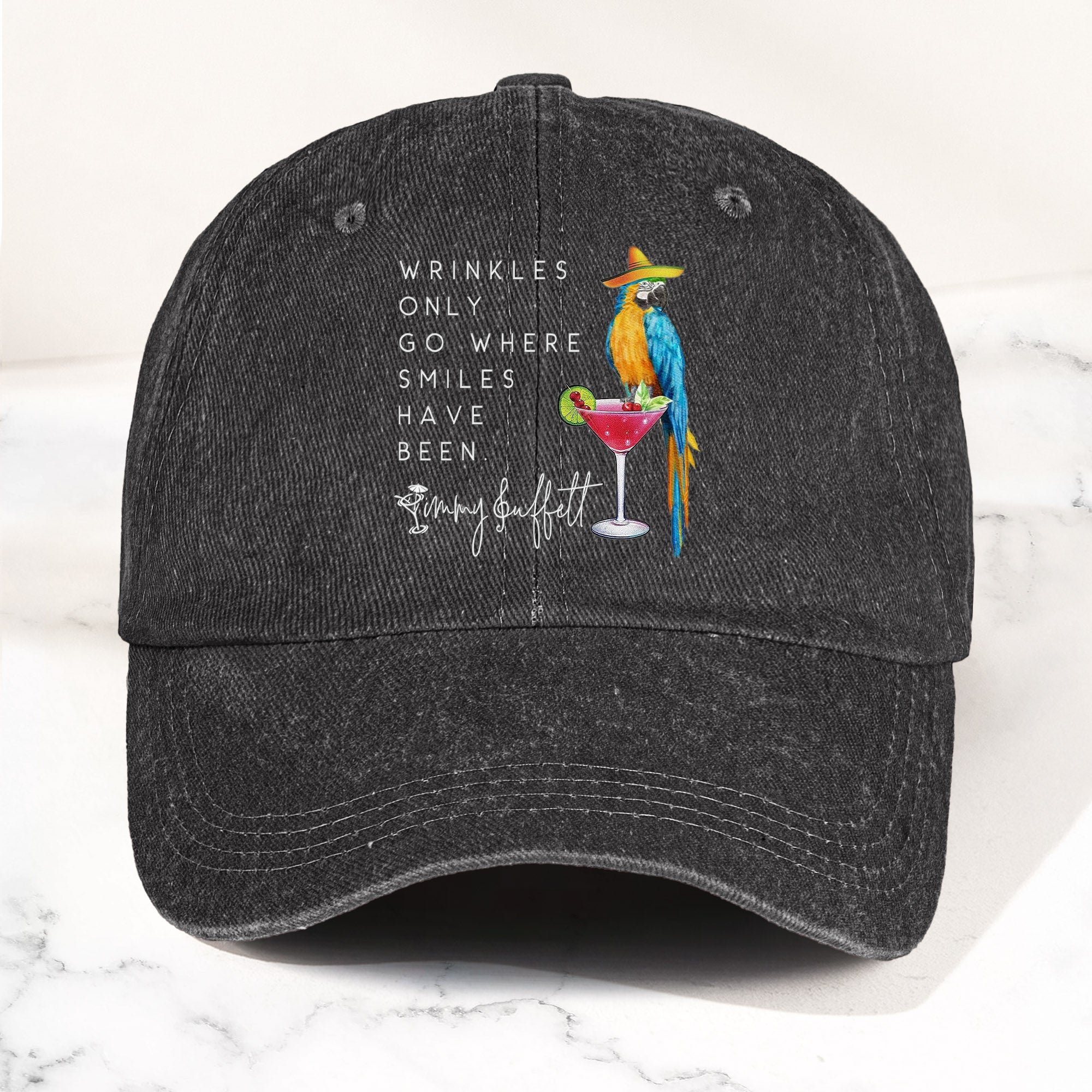 Jimmy Buffett Quote Denim Dad Cap "Wrinkles Only Go Where Smiles Have Been"