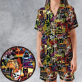 Fright Night Halloween Retro Horror Characters Collage Satin Short-Sleeve Pajamas Set