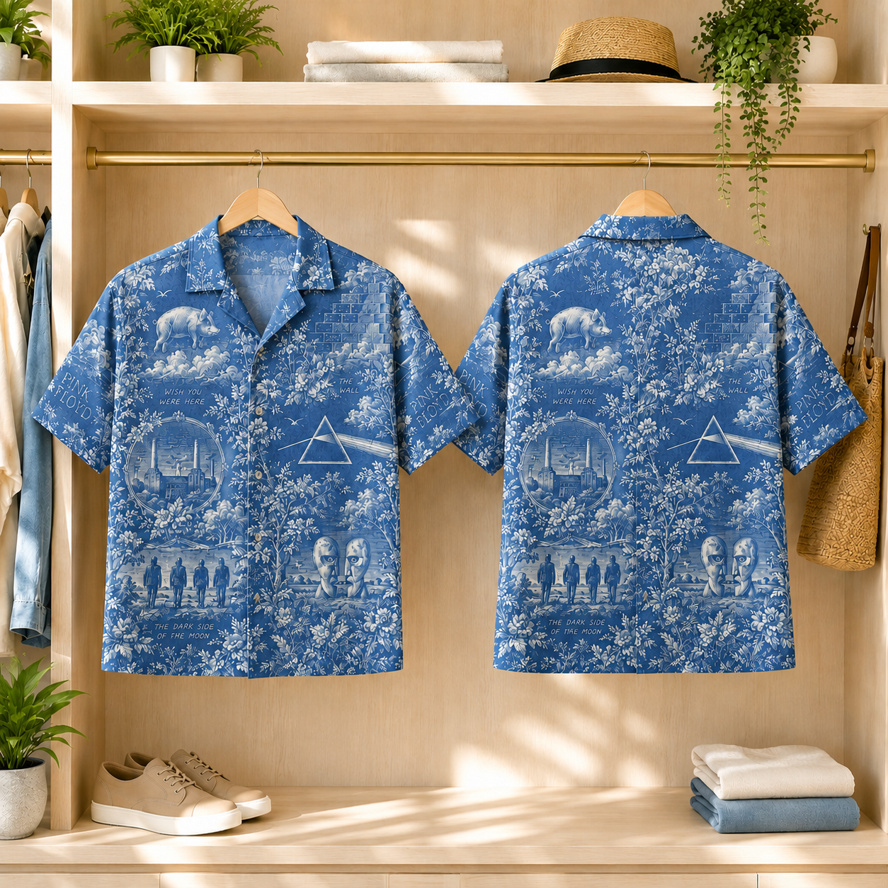 Pink Floyd Toile Hawaiian Shirt - Dark Side of the Moon Wish You Were Here All Over Print Button Up Shirt - Pink Floyd Fan Gift