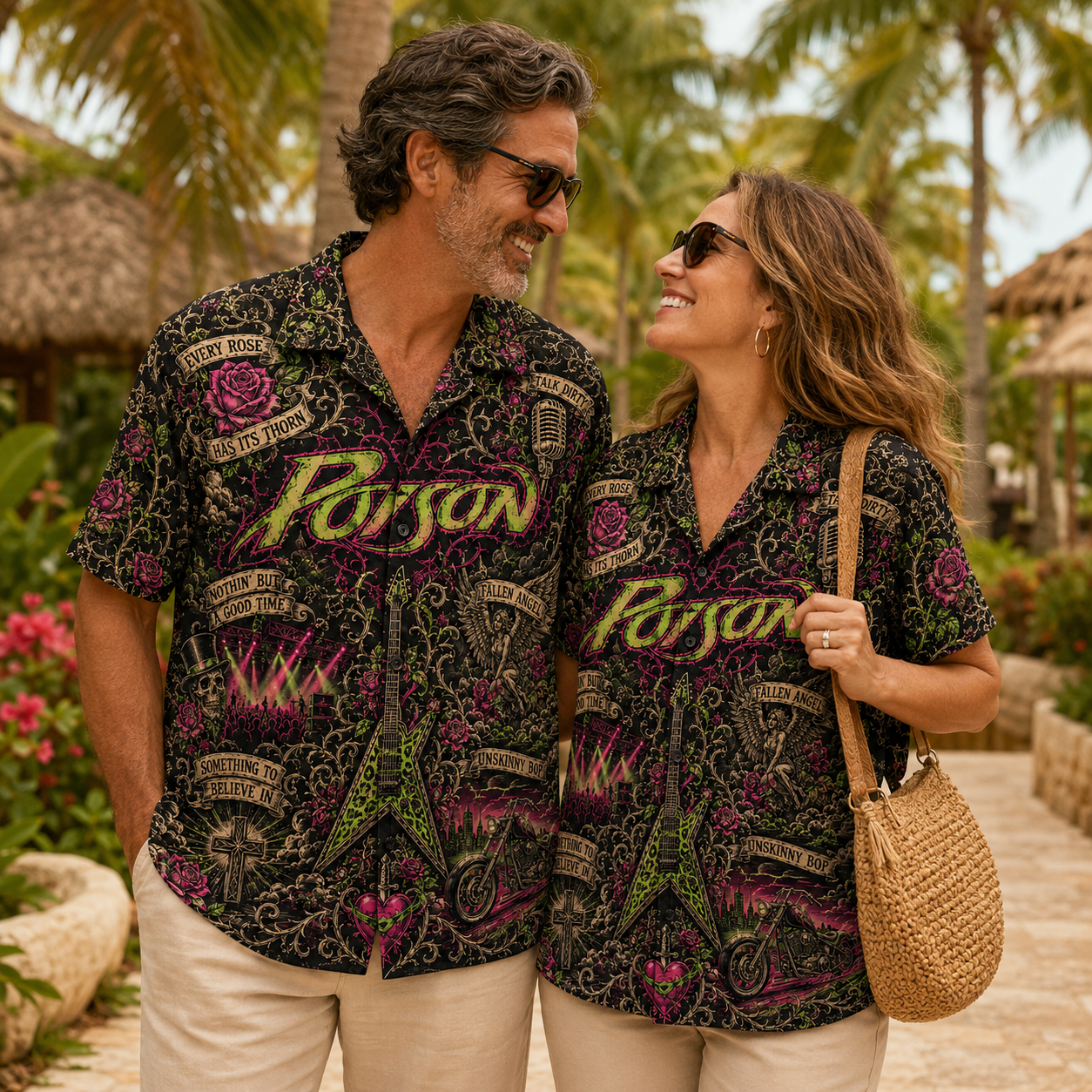 Poison Hawaiian Shirt - Glam Metal Rock Band Button Up Shirt with Every Rose Has Its Thorn, Talk Dirty and Unskinny Bop Art (Copy)