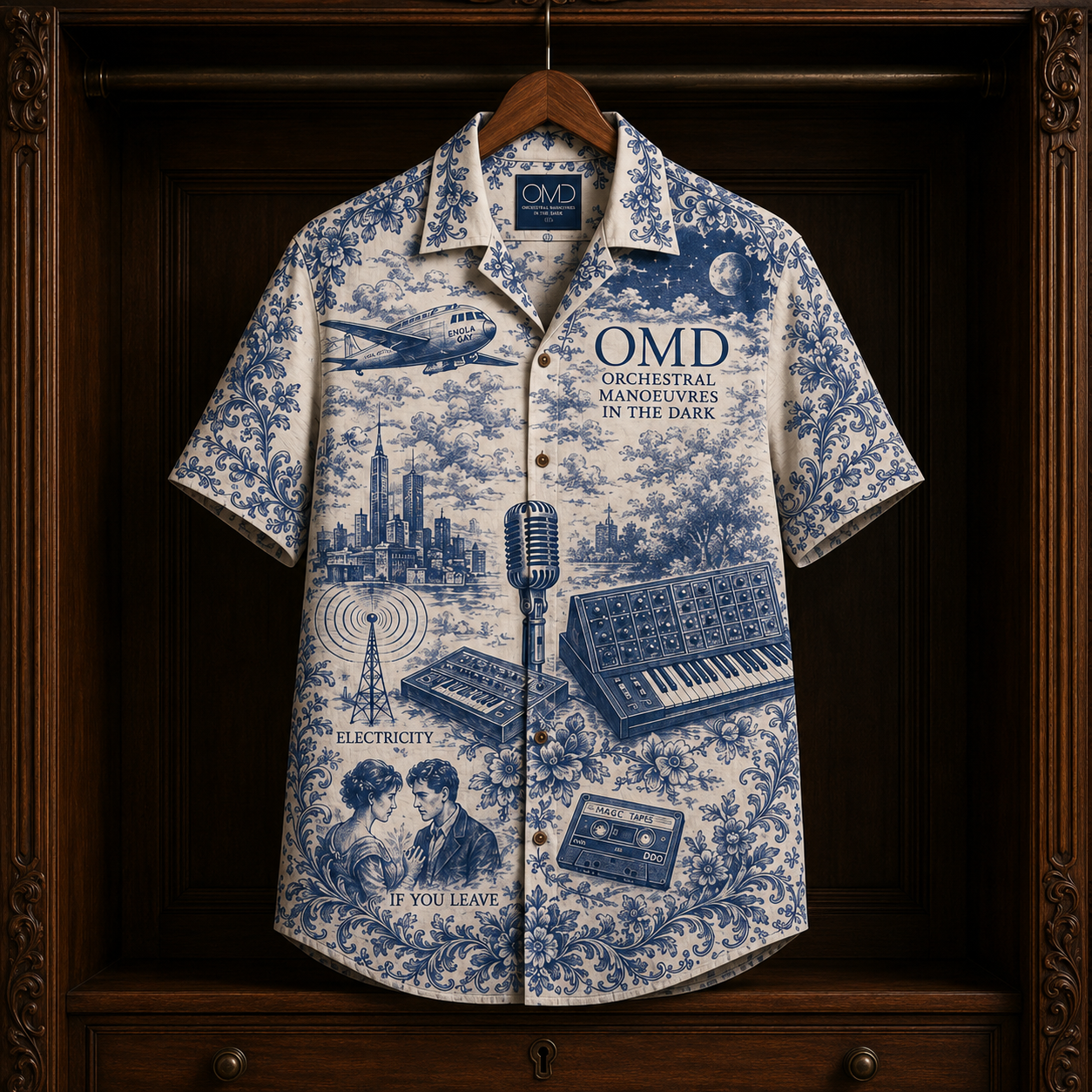 OMD Hawaiian Shirt - Orchestral Manoeuvres in the Dark Button Up Shirt with Electricity, If You Leave and Synthwave Art