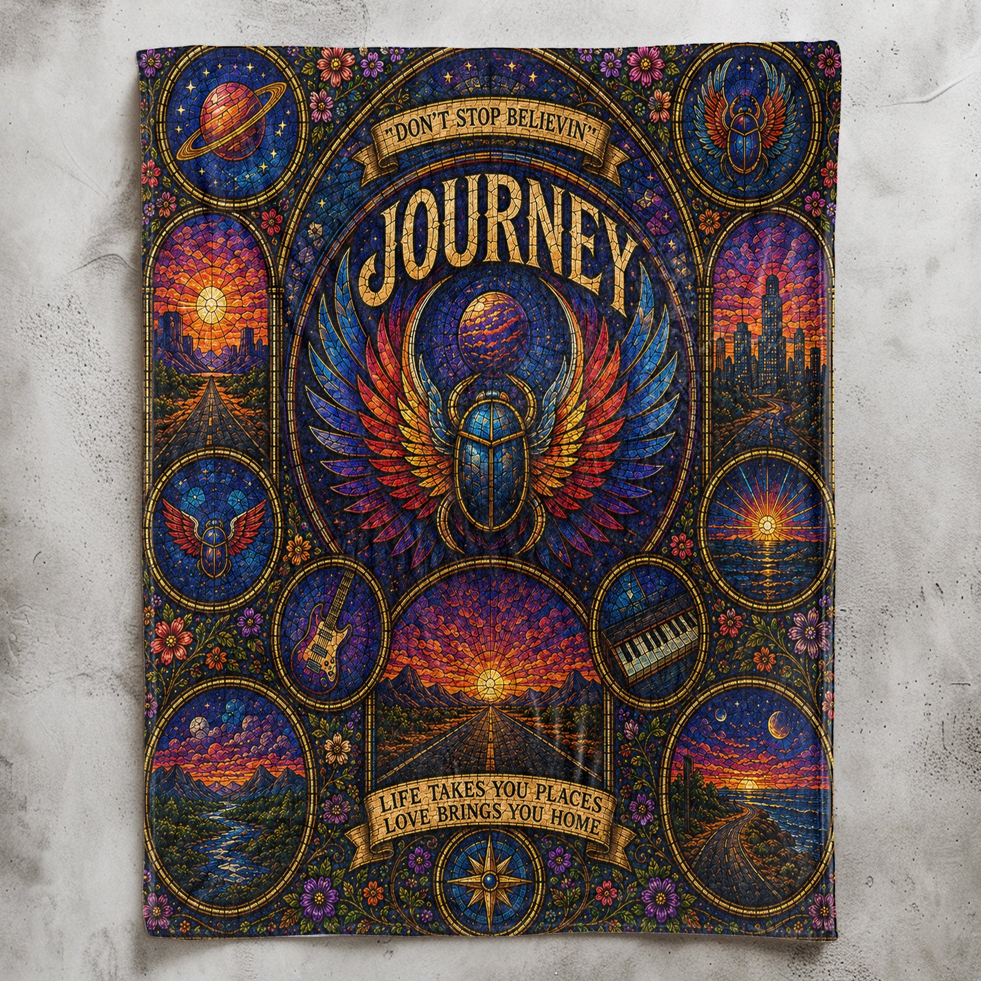 Journey Band Sherpa Blanket Don't Stop Believin' Stained Glass Blanket