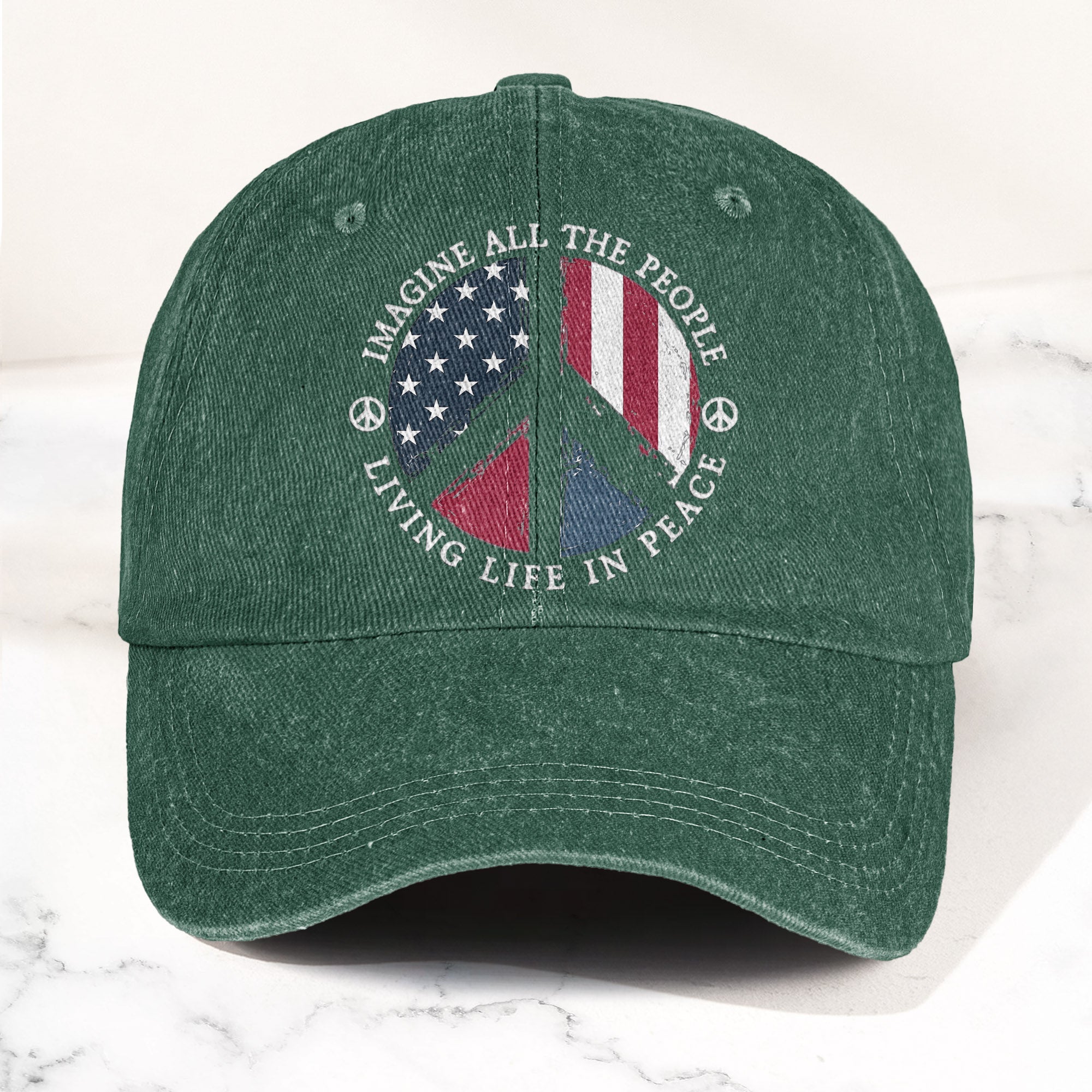 John Lennon Imagine All The People Living Life In Peace Sign American Flag Denim Cap Retro Vintage Dad Cap Gift For Dad (With Box)
