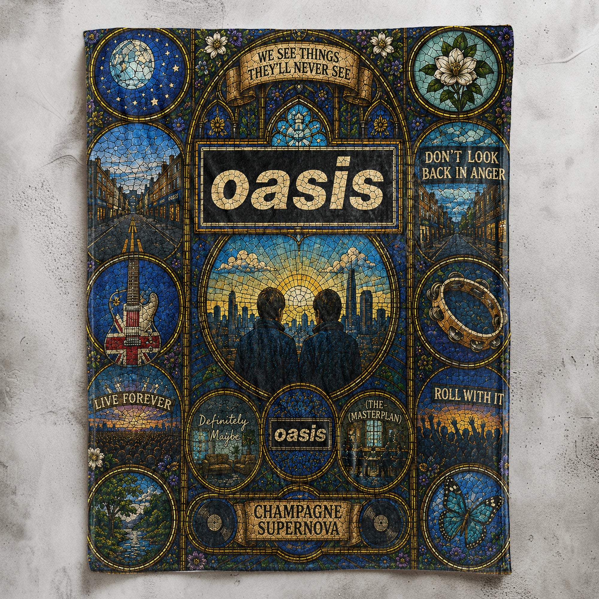 Oasis Band Sherpa Blanket Champagne Supernova Stained Glass Blanket