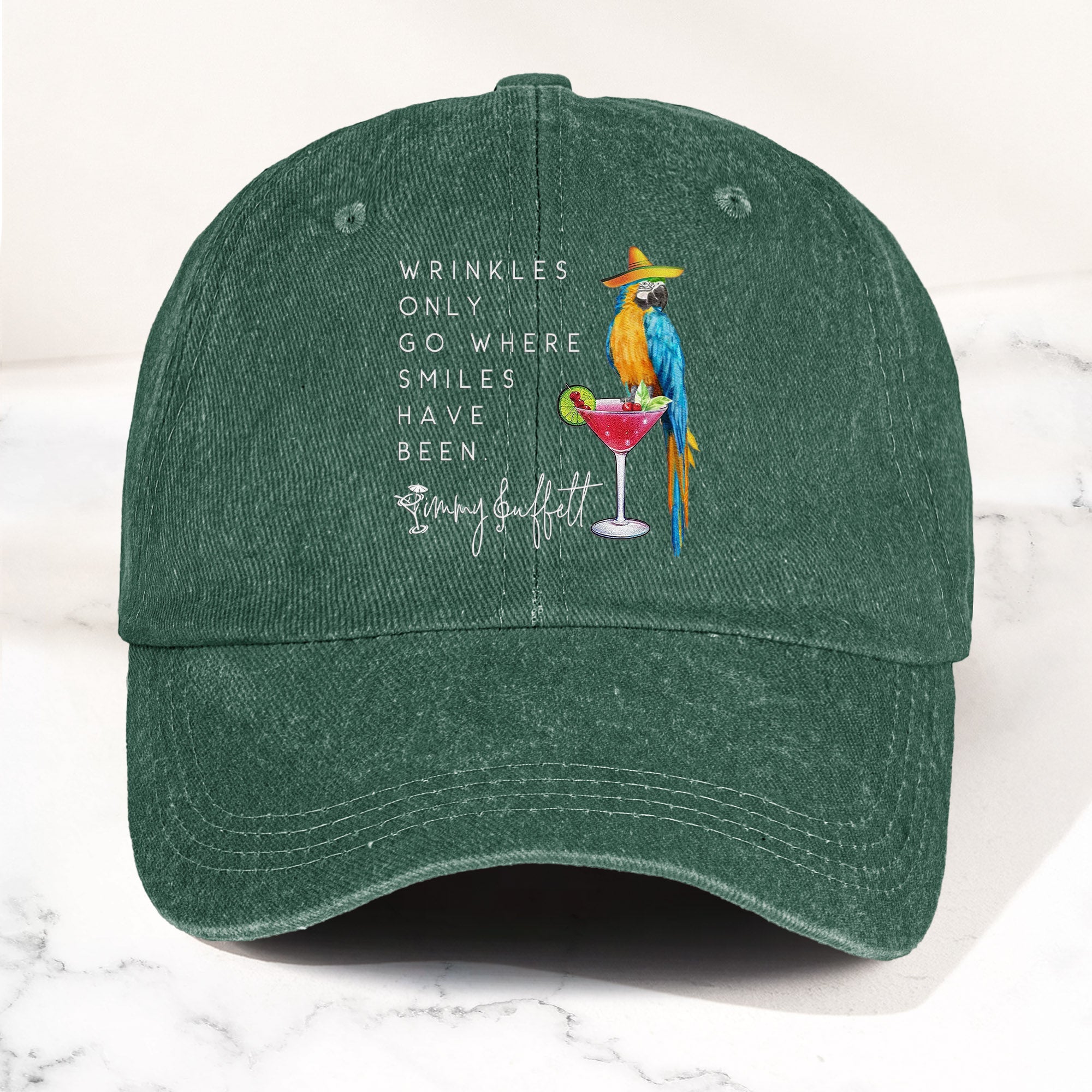 Jimmy Buffett Quote Denim Dad Cap "Wrinkles Only Go Where Smiles Have Been"