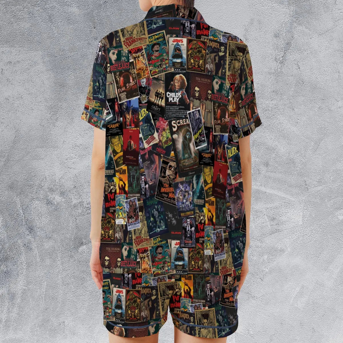 Vintage Horror Pattern Satin Short-Sleeve Pajamas Set
